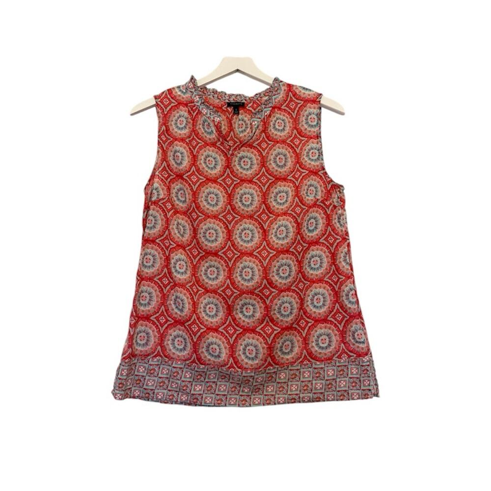 Talbots 100% Cotton Pinwheel Print Coral and Blue Sleeveless Top Tank Size Small